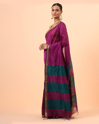 Wine Maheshwari Handwoven Saree