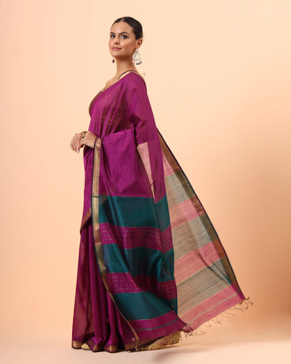 Wine Maheshwari Handwoven Saree