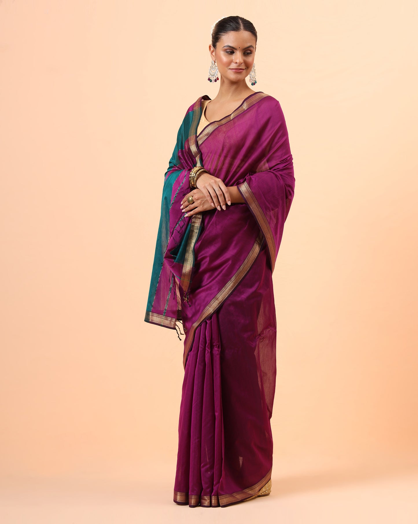 Wine Maheshwari Handwoven Saree