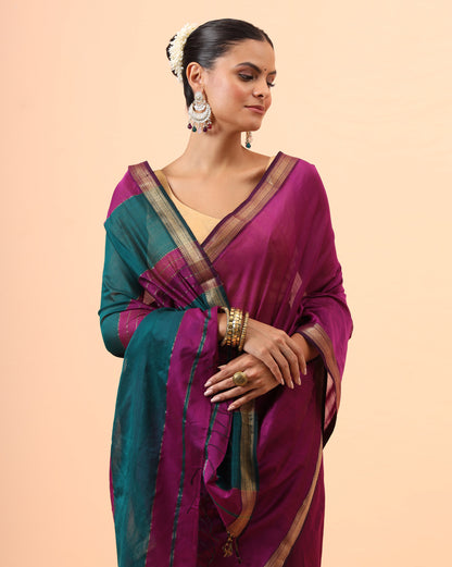 Wine Maheshwari Handwoven Saree