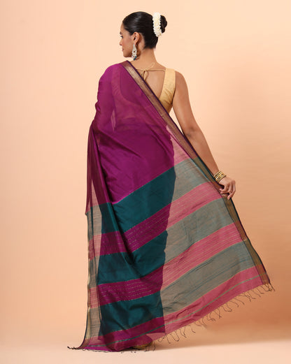 Wine Maheshwari Handwoven Saree