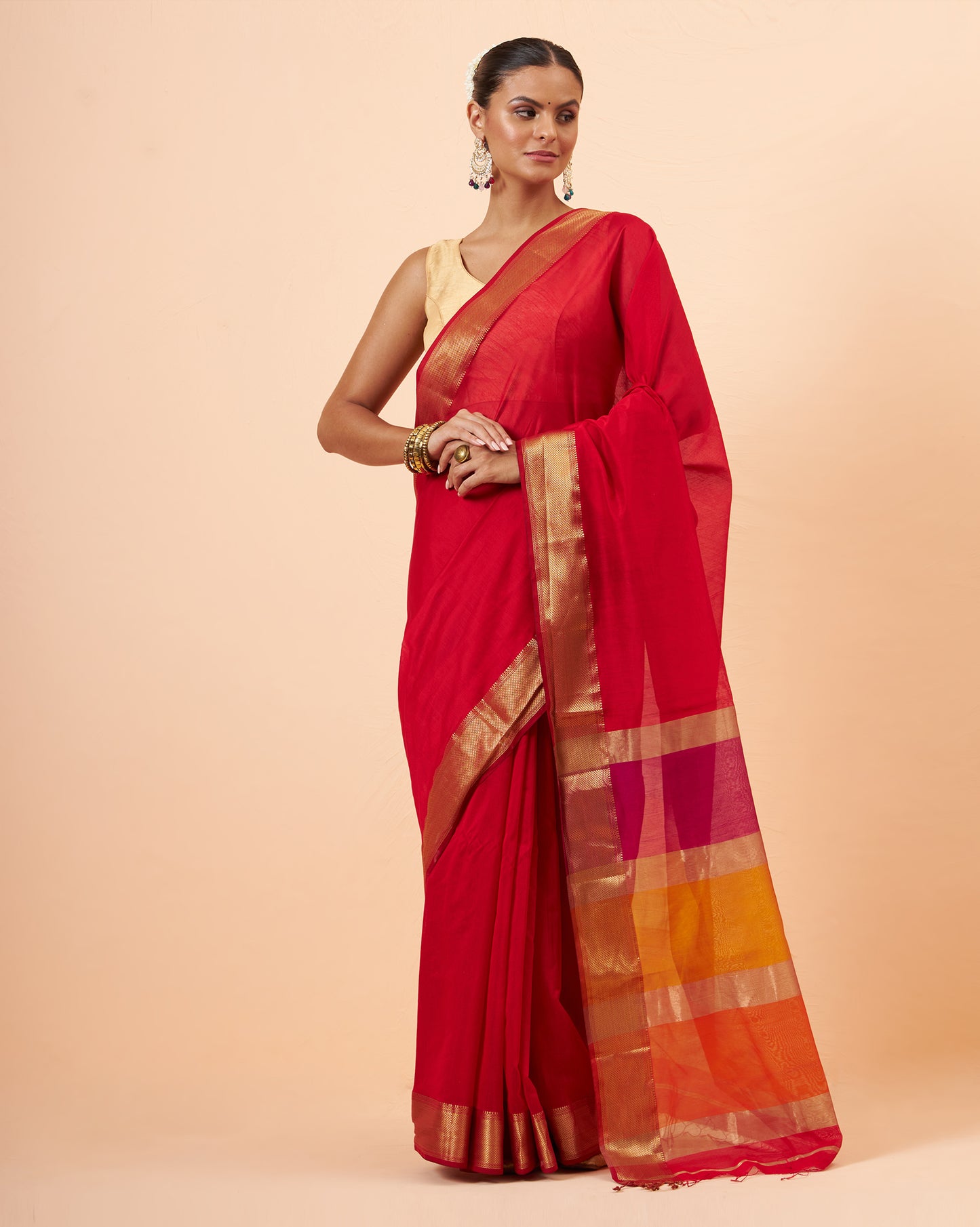 Crimson Red Maheshwari Handwoven Saree