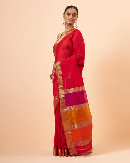 Crimson Red Maheshwari Handwoven Saree