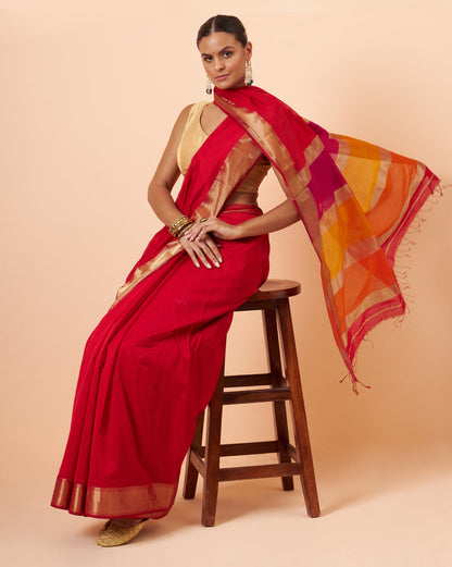 Crimson Red Maheshwari Handwoven Saree