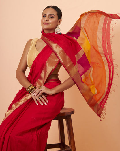 Crimson Red Maheshwari Handwoven Saree