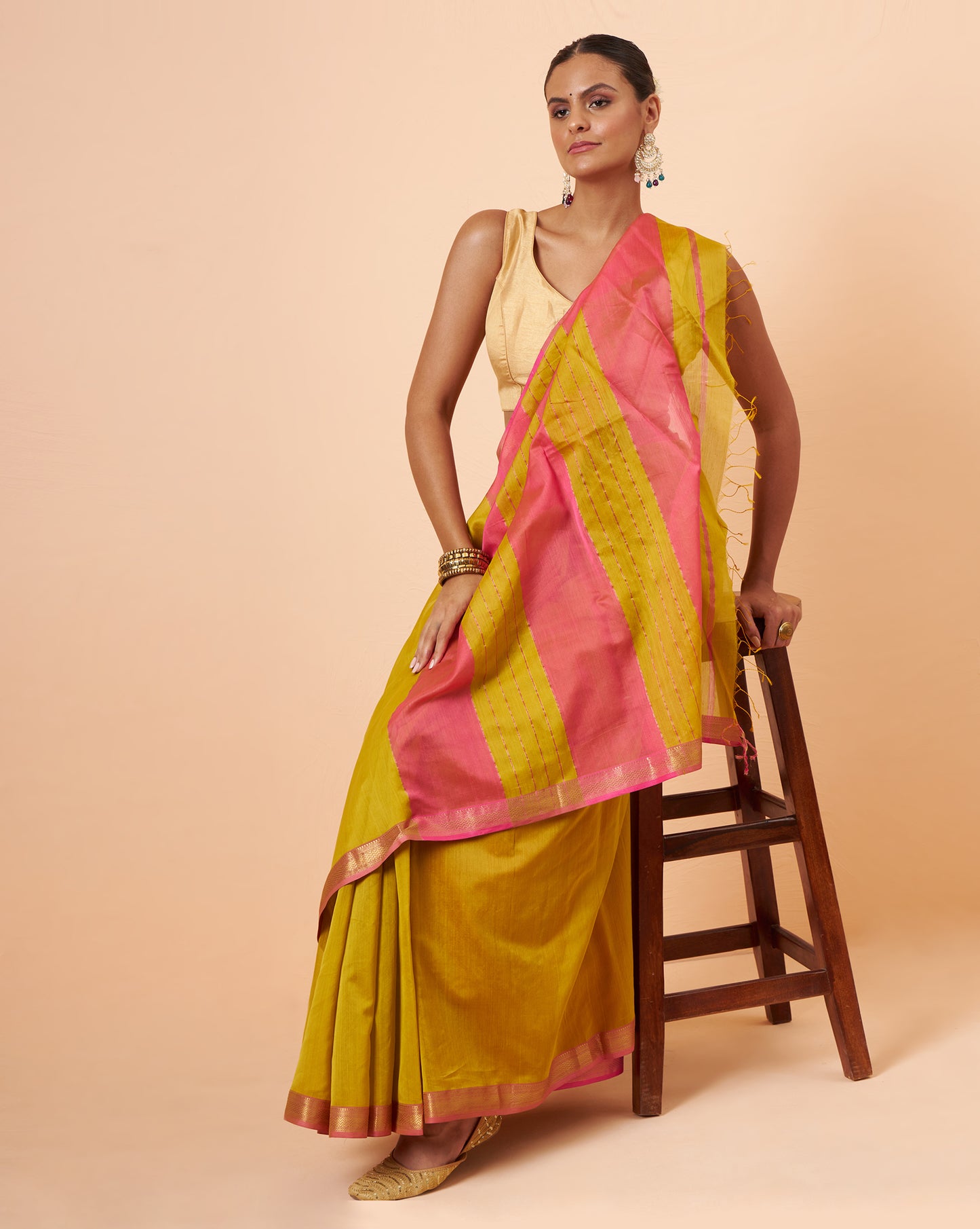 Mustard Maheshwari Handwoven Saree