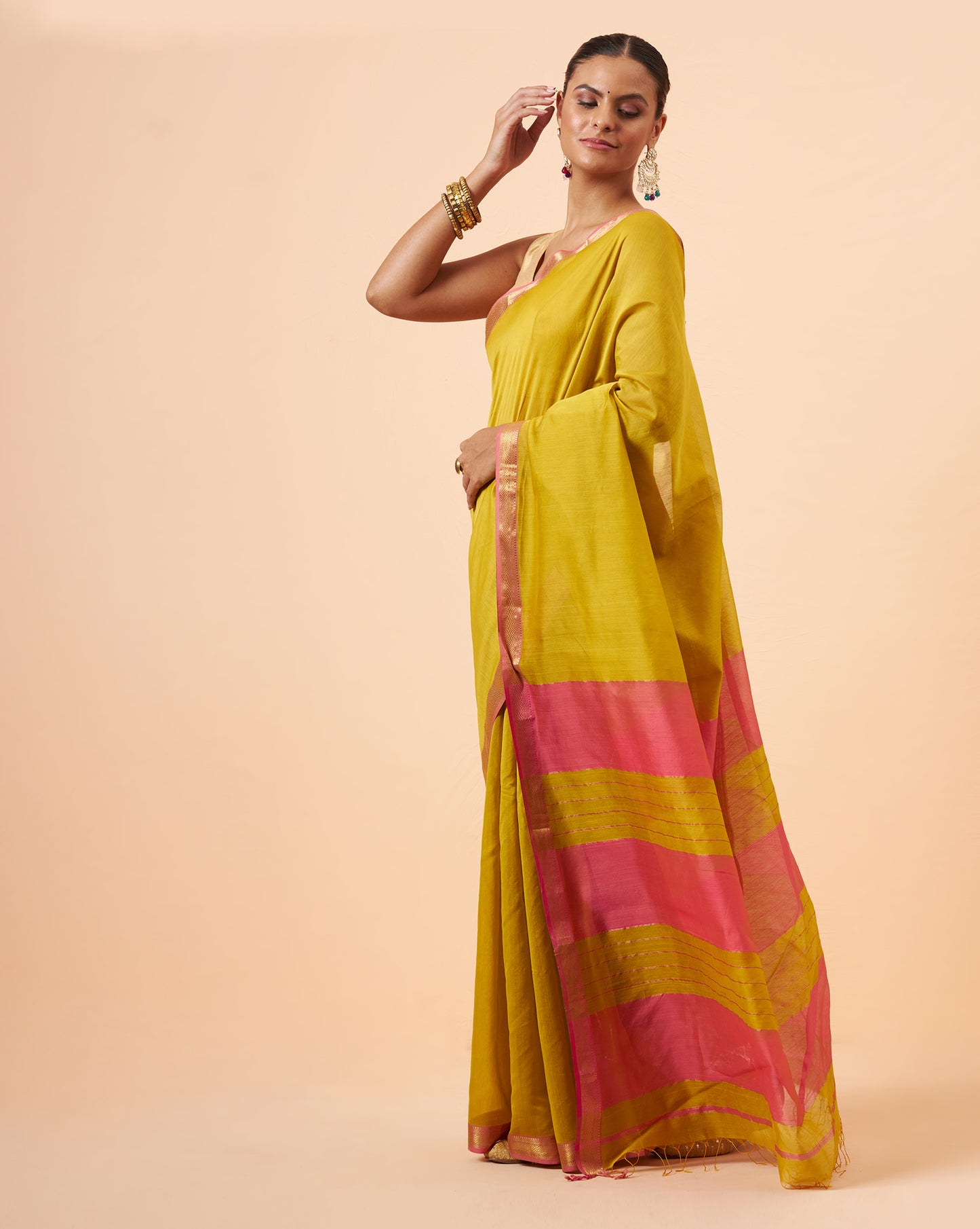 Mustard Maheshwari Handwoven Saree