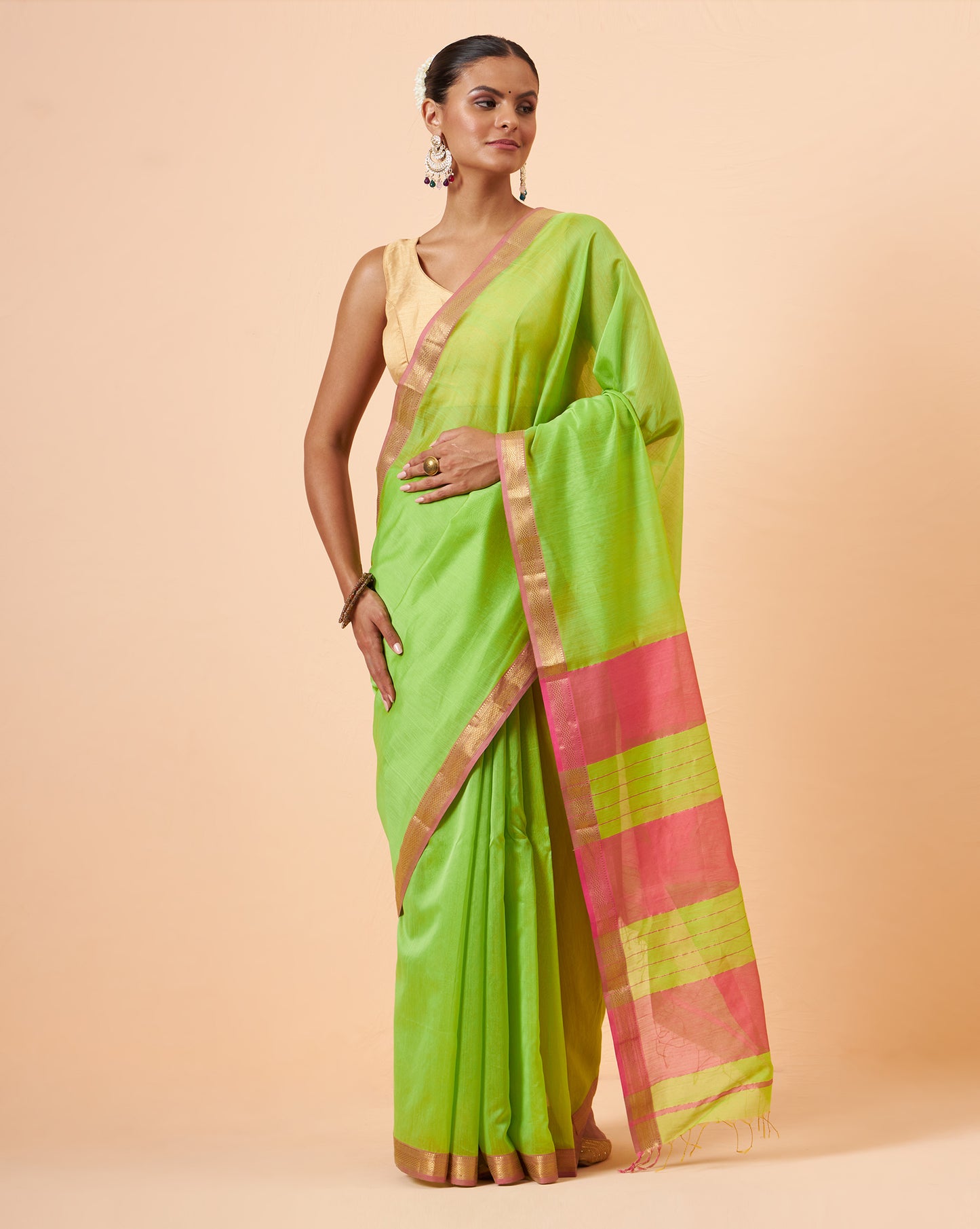 Lime Green Maheshwari Handwoven Saree