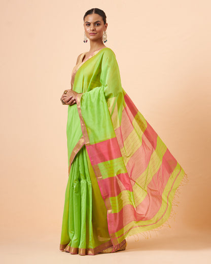 Lime Green Maheshwari Handwoven Saree