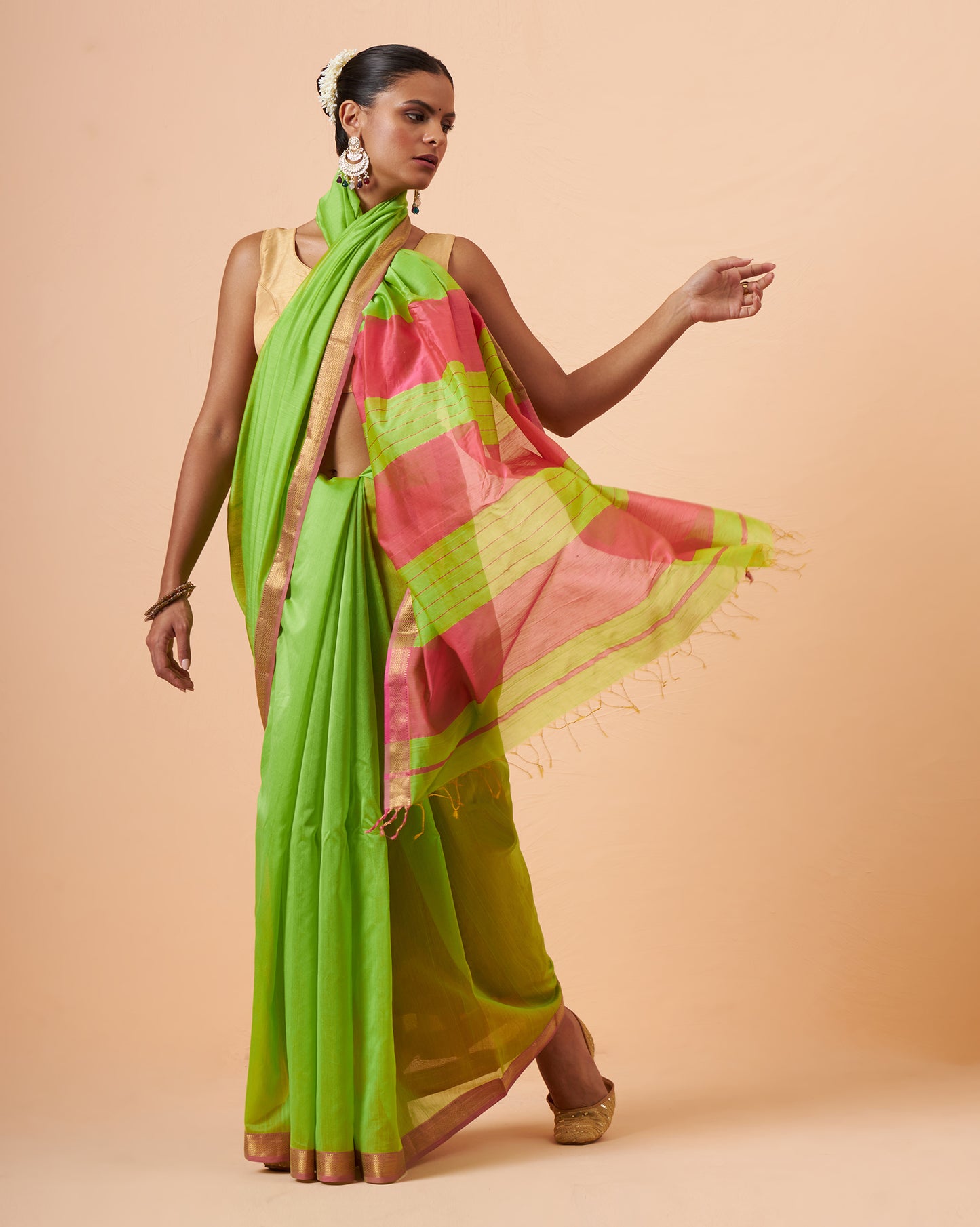 Lime Green Maheshwari Handwoven Saree