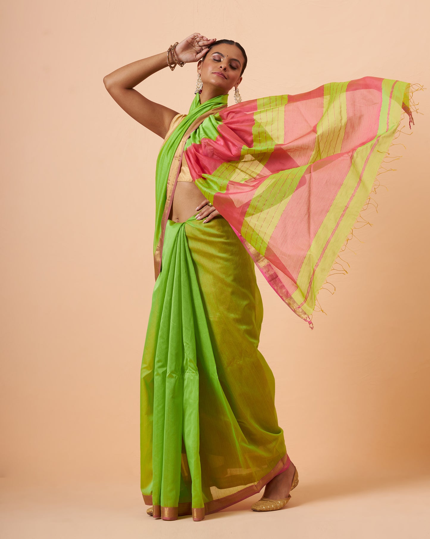 Lime Green Maheshwari Handwoven Saree