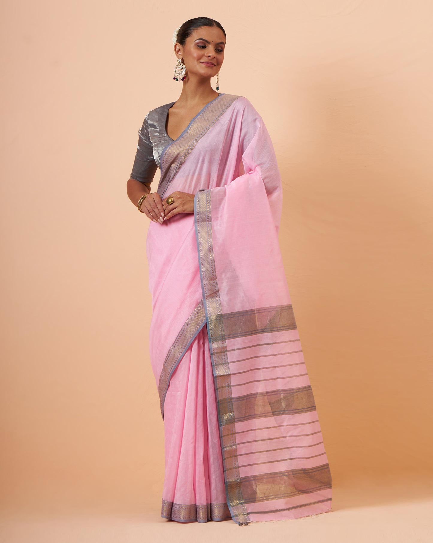 Baby Pink Maheshwari Handwoven Saree