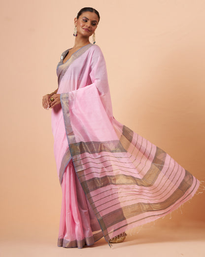 Baby Pink Maheshwari Handwoven Saree