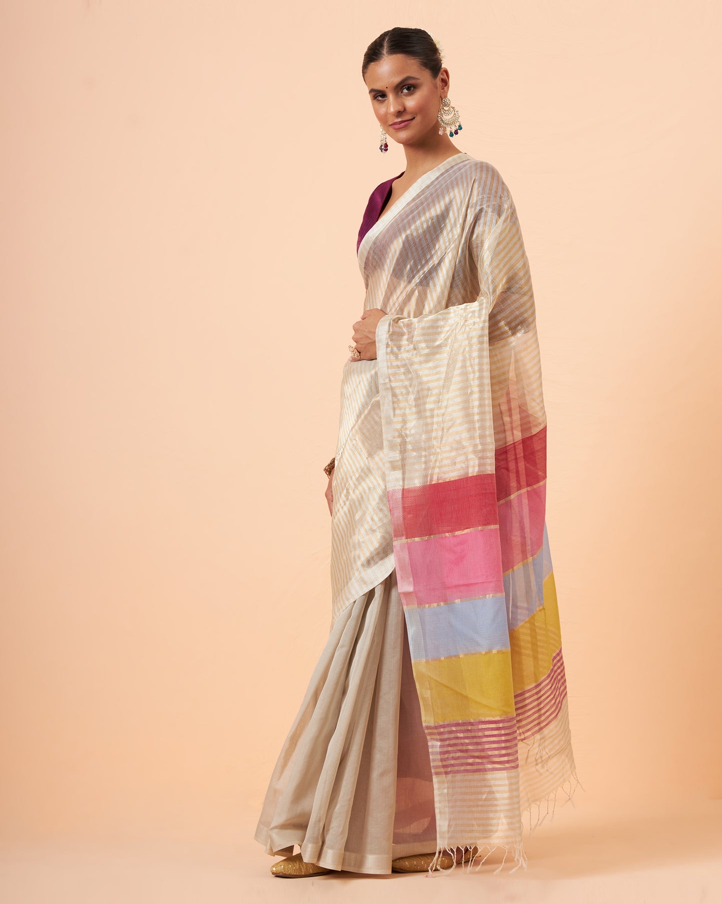 Multi Stripe Jari Maheshwari Handwoven Saree