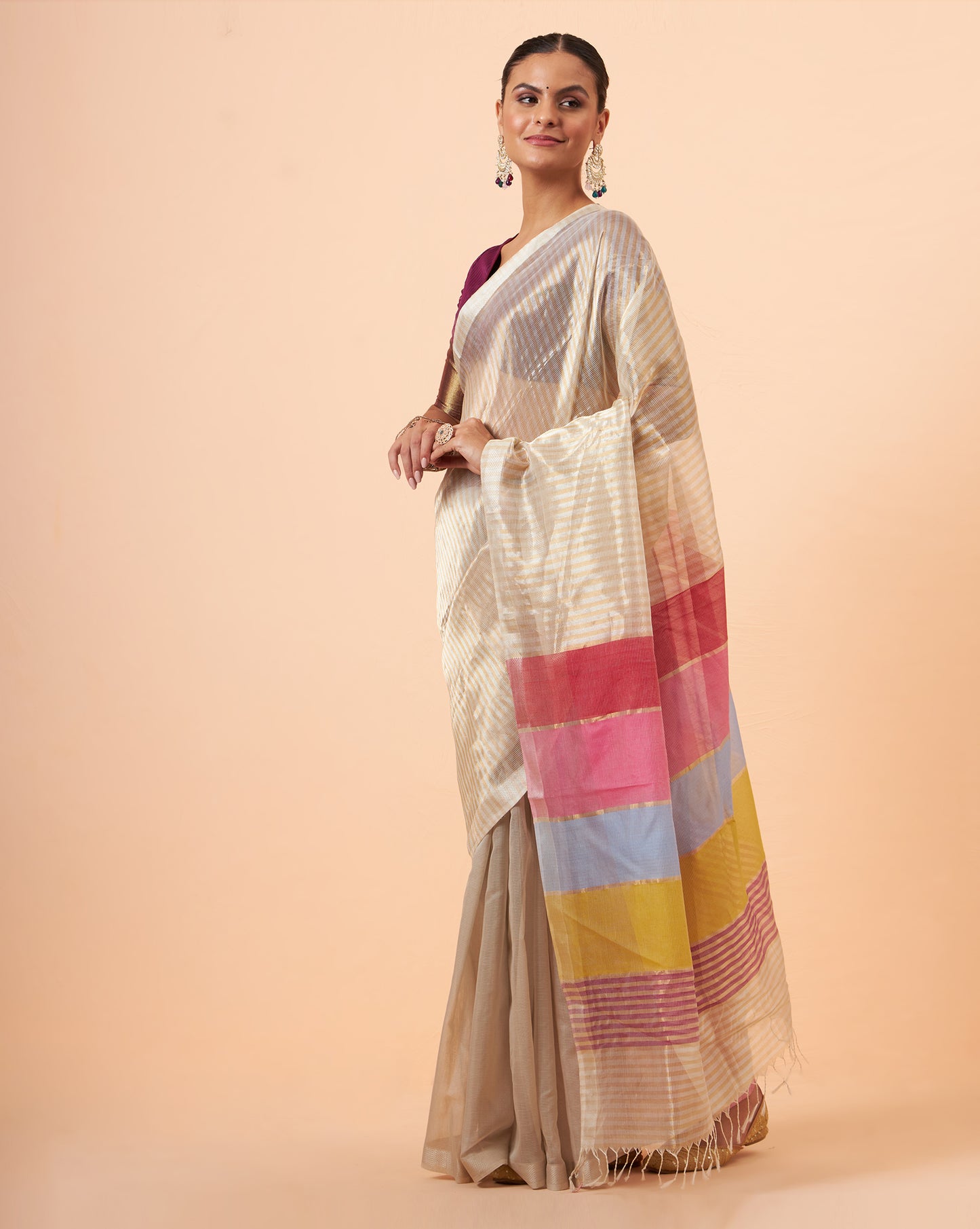 Multi Stripe Jari Maheshwari Handwoven Saree