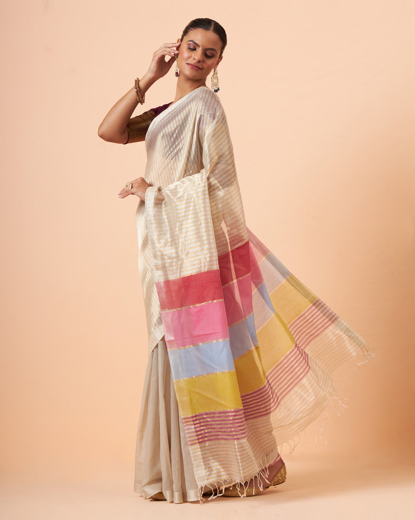 Multi Stripe Jari Maheshwari Handwoven Saree