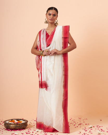 White Maheshwari Handwoven Silk Cotton Saree