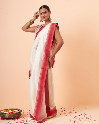 White Maheshwari Handwoven Silk Cotton Saree